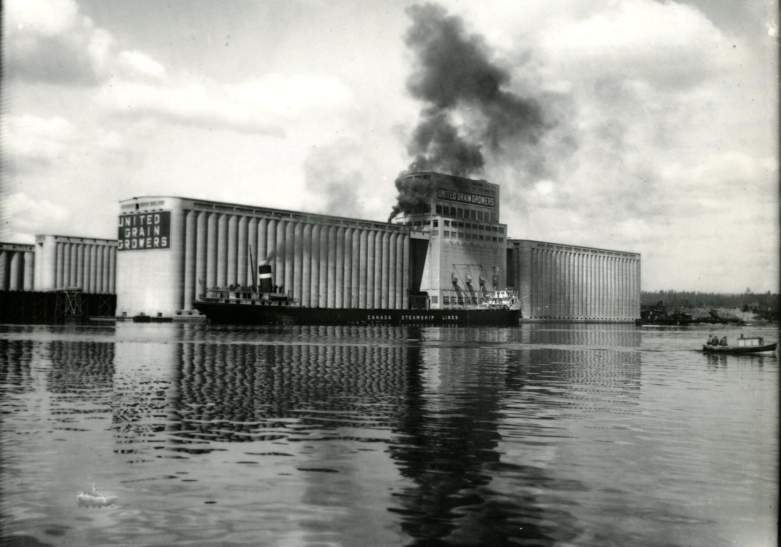 black and white image of terminal elevator on the watefront