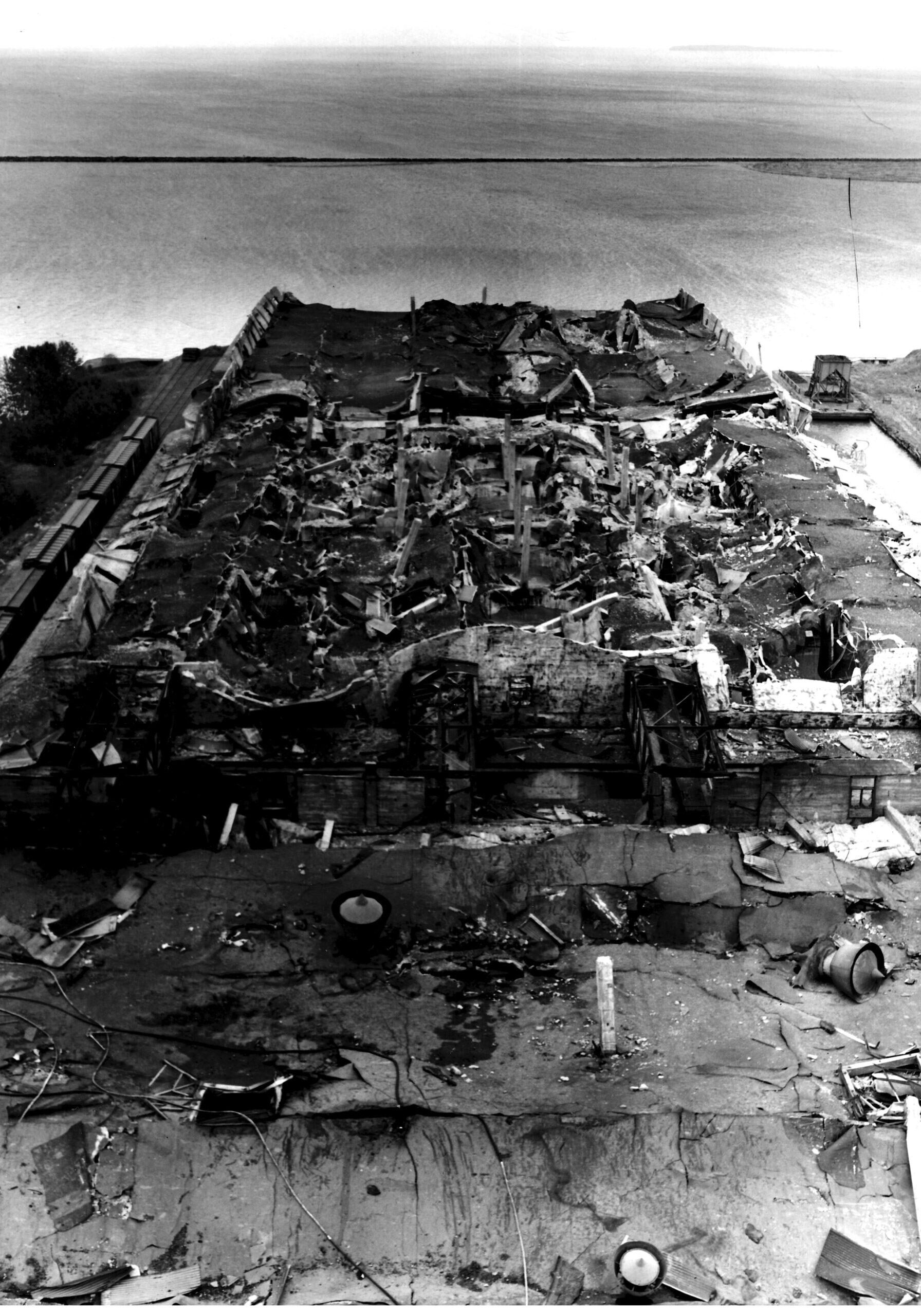 black and white birds eye view of the explosion
