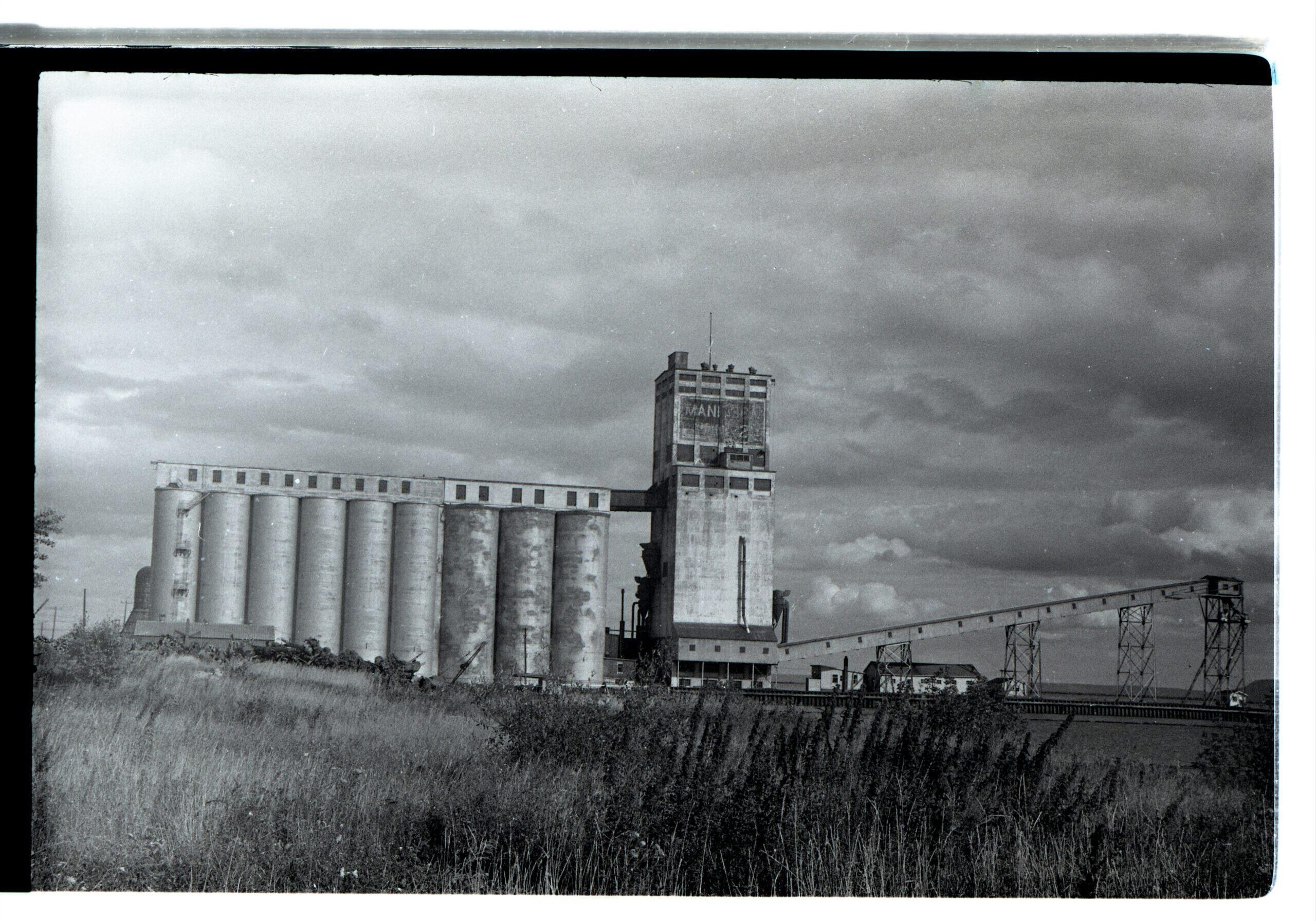 black and white backside of elevator showcasing grass