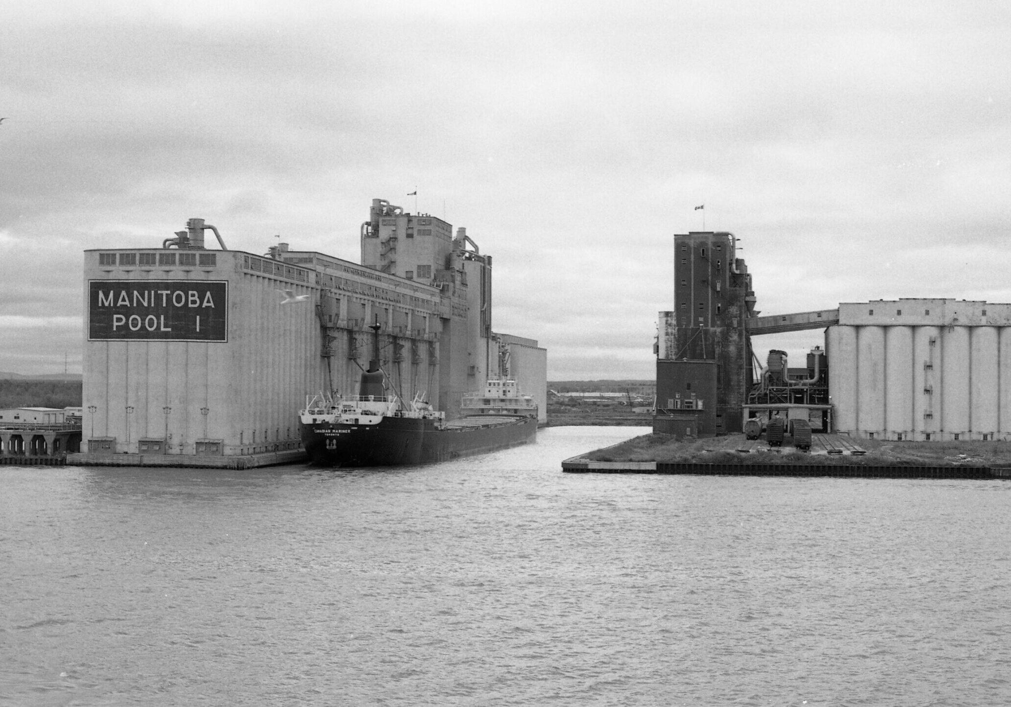 full image of elevator in black and white within the port