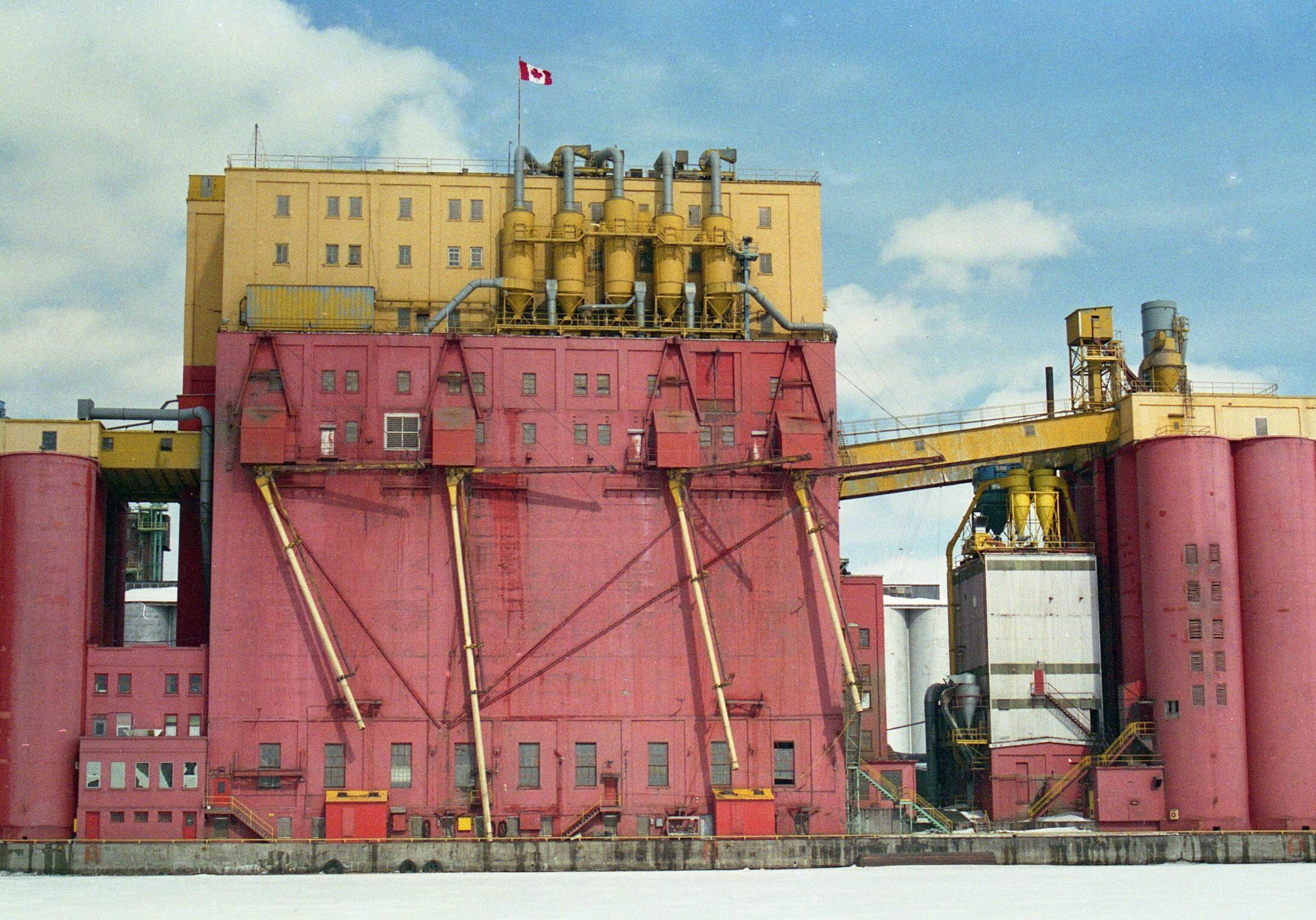 red siding of elevator