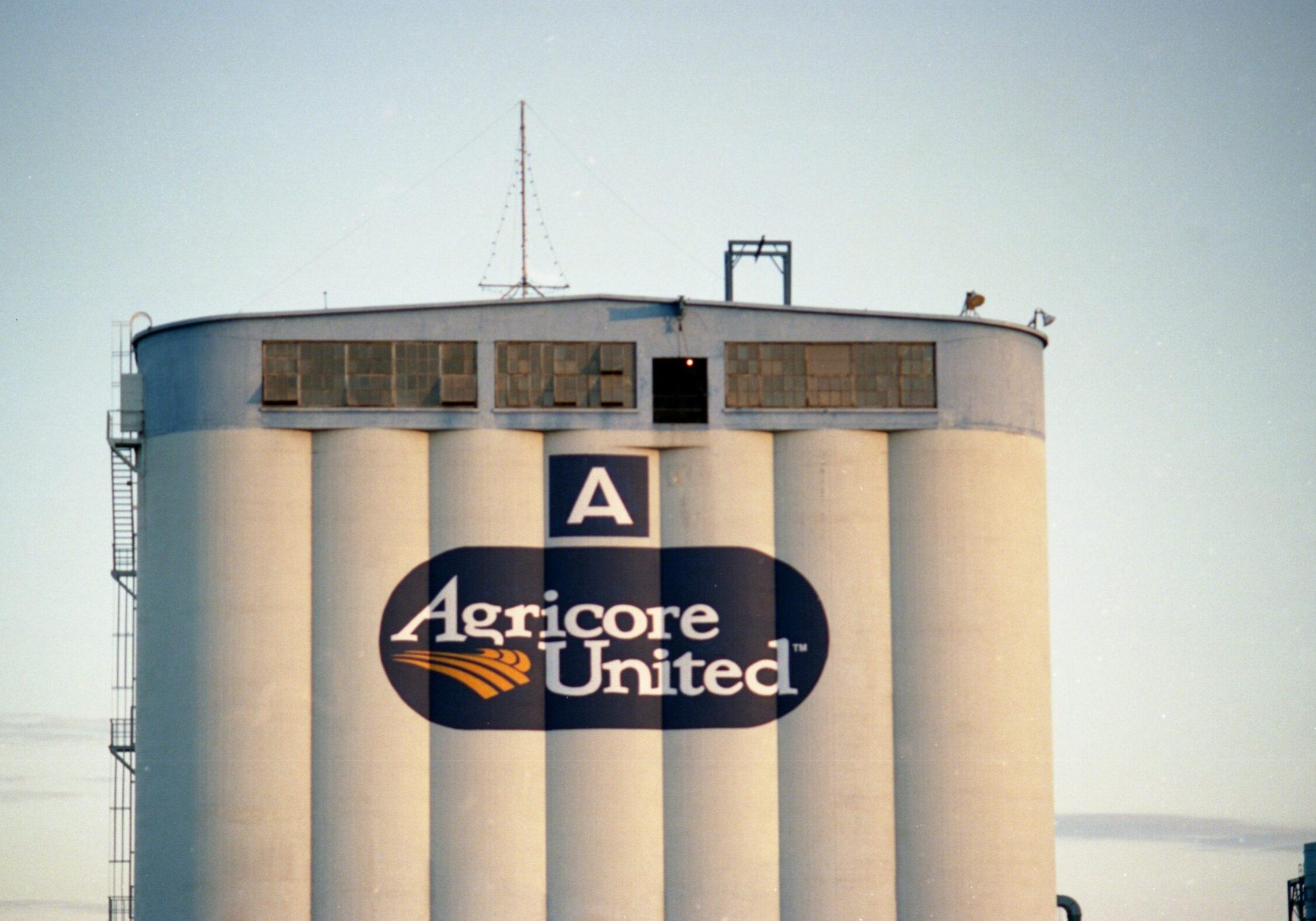 close up of "Agricore United" sign on elevator